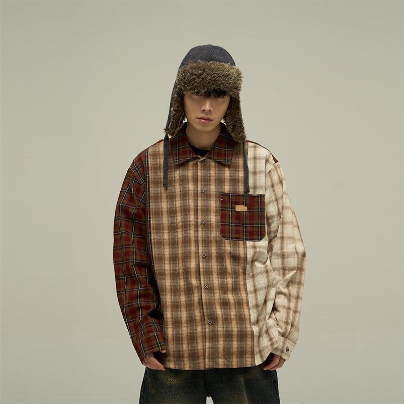 Tritone Plaid Patched Pocket Long Sleeve Shirt Korean Street Fashion Shirt By 77Flight Shop Online at OH Vault