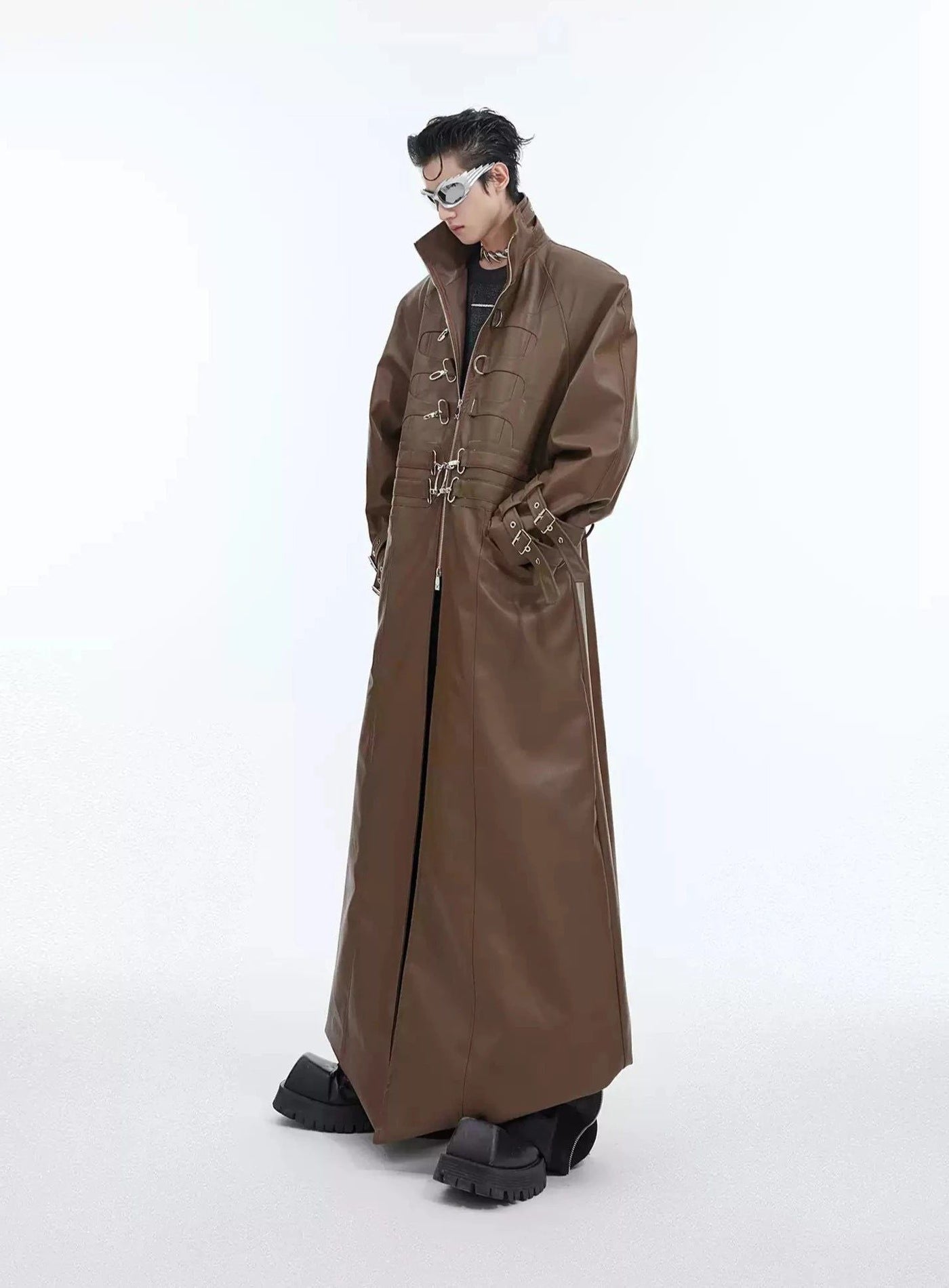 Metallic Link PU Leather Long Coat Korean Street Fashion Long Coat By Argue Culture Shop Online at OH Vault