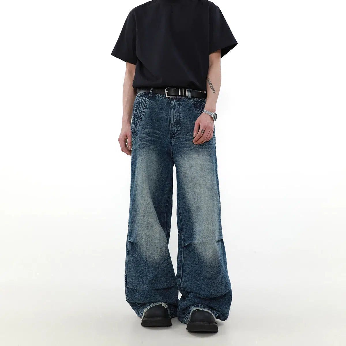 Faded Raw Edge Pleats Wide Jeans Korean Street Fashion Jeans By Mr Nearly Shop Online at OH Vault