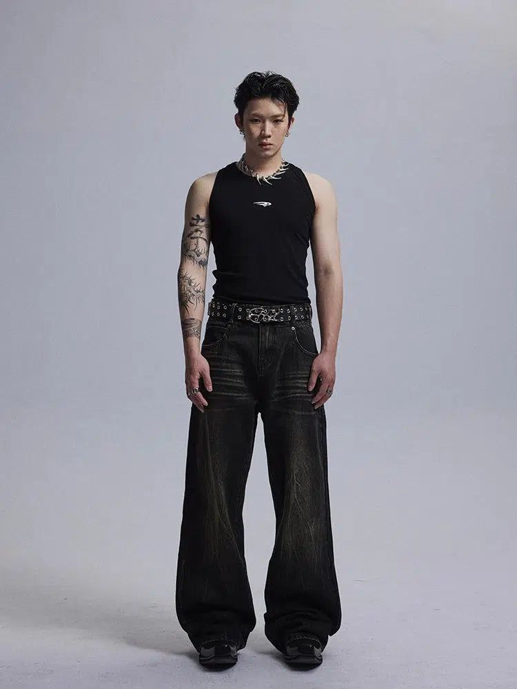 Washed Textured Wide Jeans Korean Street Fashion Jeans By Dark Fog Shop Online at OH Vault