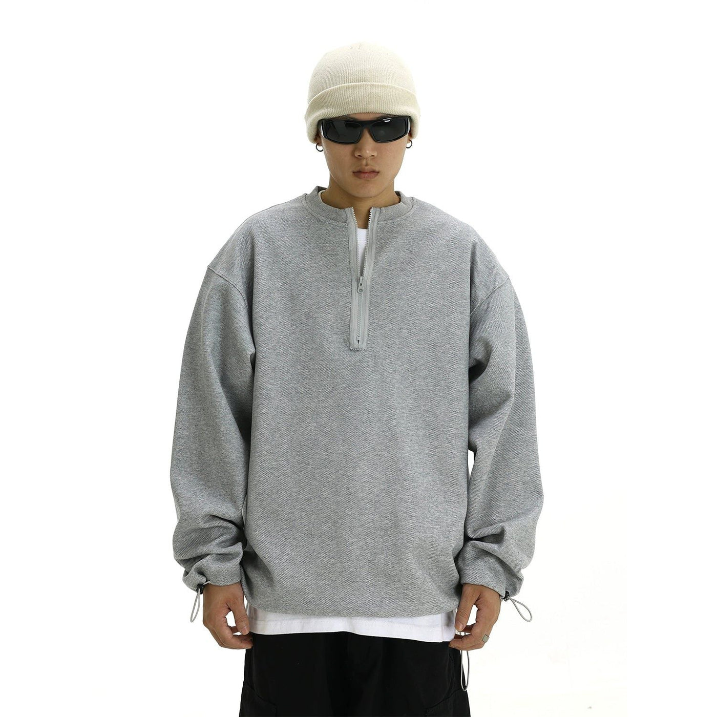 Waffle Grid Ruched Hem Half-Zip Korean Street Fashion Half-Zip By MEBXX Shop Online at OH Vault