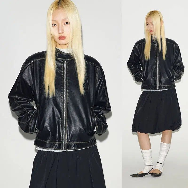 Zipped Vintage PU Leather Jacket Korean Street Fashion Jacket By Conp Conp Shop Online at OH Vault