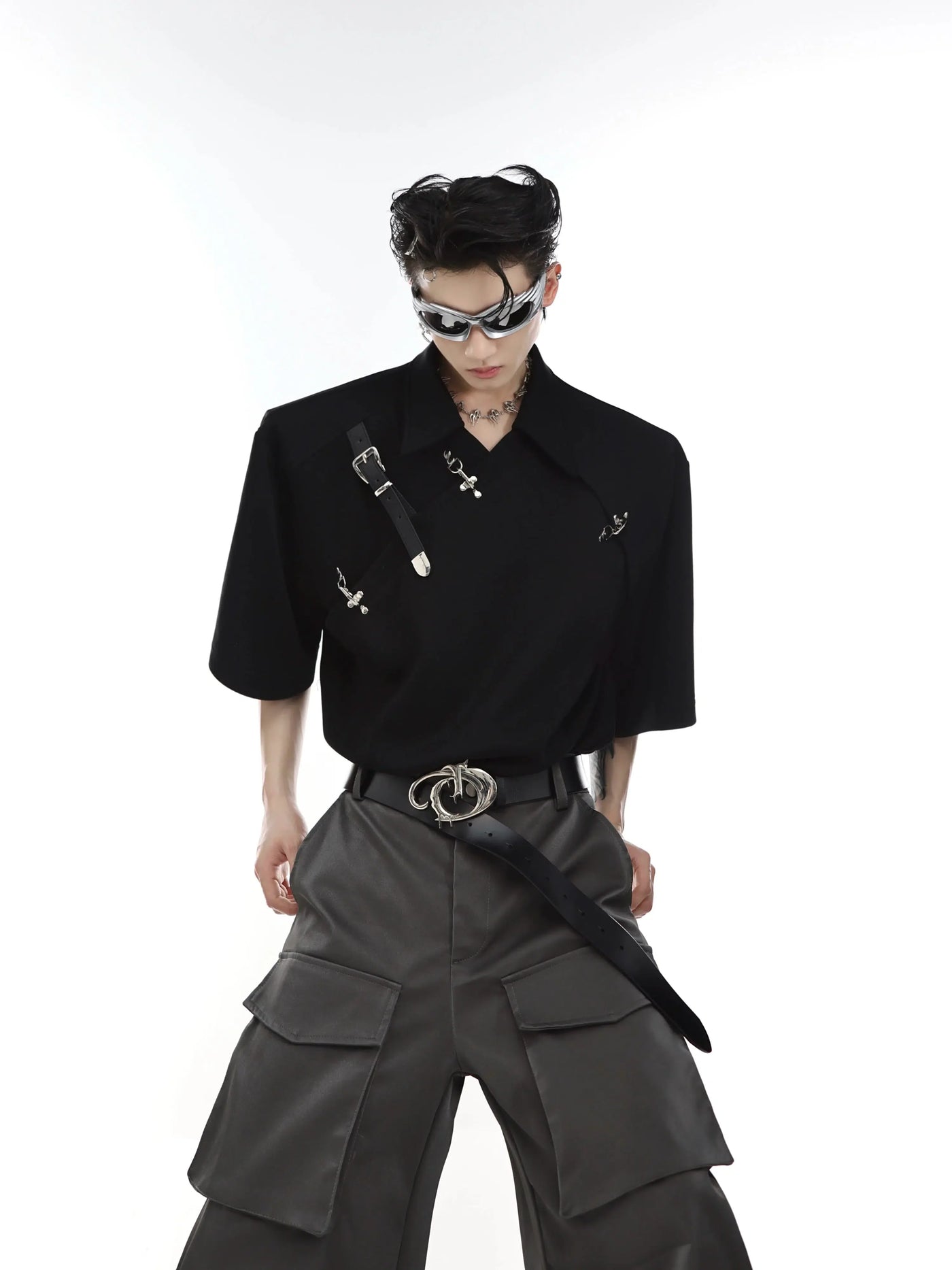 Strap Belt and Metal Link Shirt Korean Street Fashion Shirt By Argue Culture Shop Online at OH Vault