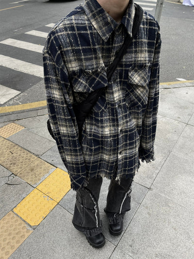 Plaid Raw Hem Shirt Korean Street Fashion Shirt By MaxDstr Shop Online at OH Vault