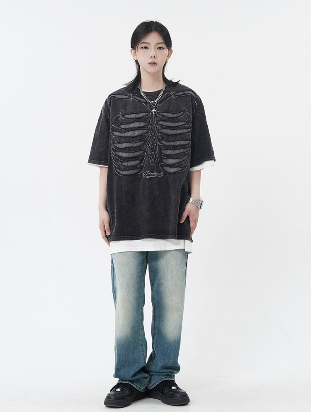 Bones Ripped Fabric T-Shirt Korean Street Fashion T-Shirt By Made Extreme Shop Online at OH Vault