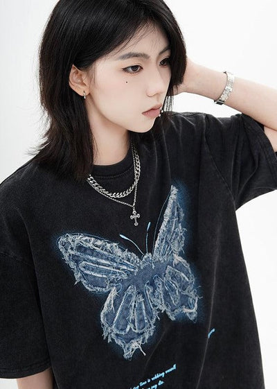 Patched Butterfly T-Shirt Korean Street Fashion T-Shirt By Made Extreme Shop Online at OH Vault